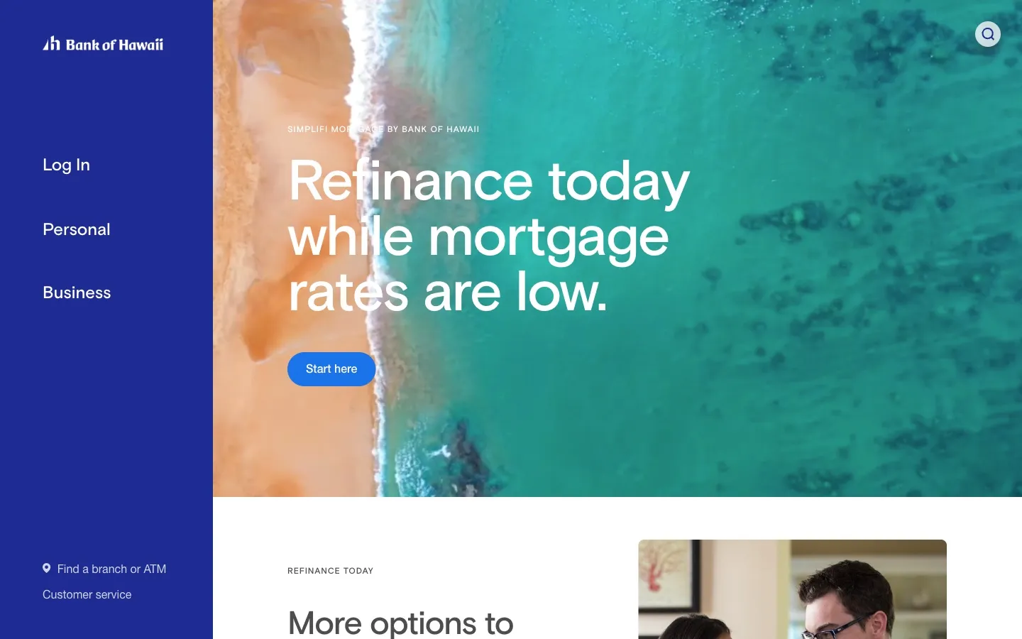The redesigned boh.com home page in January 2020, with the blue Bank of Hawaii navigation beside an aerial shoreline photo and a refinance headline