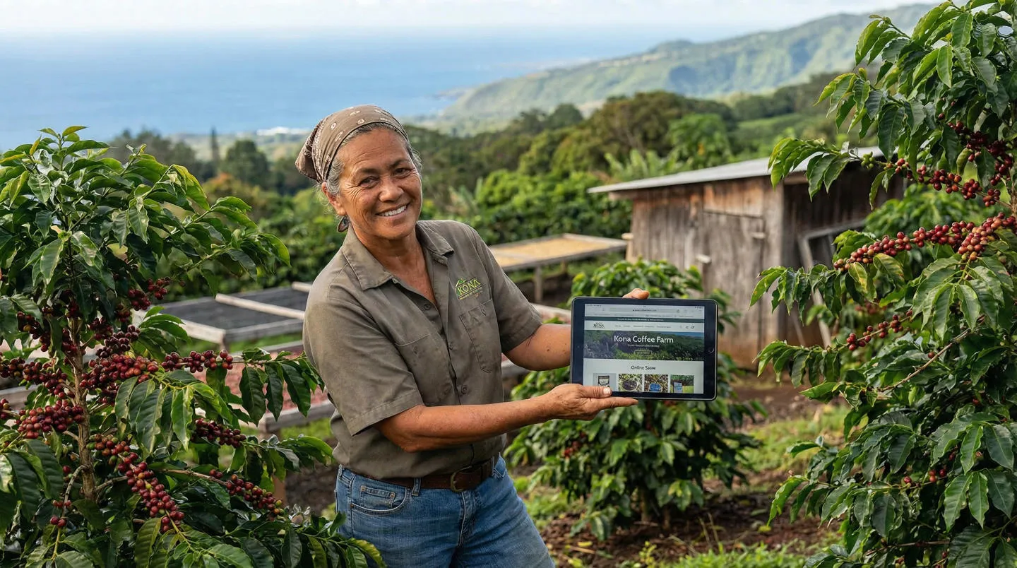 Kona coffee farmer smiling and holding a tablet showing her farm's website, surrounded by coffee plants with the Pacific Ocean in the background