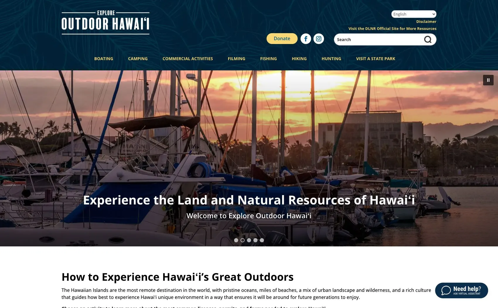 The Explore Outdoor Hawaiʻi home page, with navigation for boating, camping, commercial activities, filming, fishing, hiking, hunting, and state parks