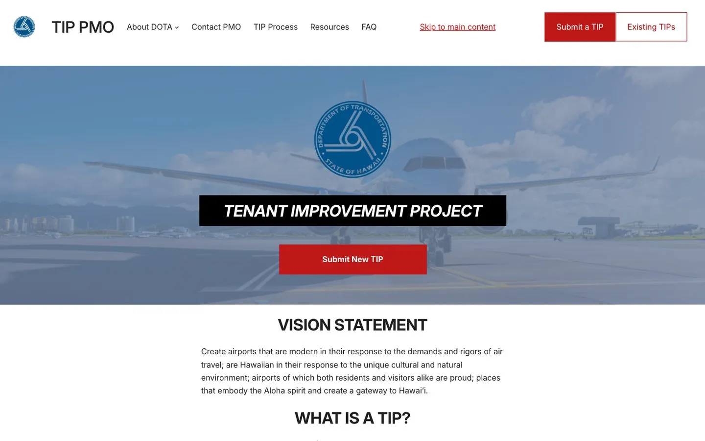 The Hawaii Department of Transportation Airports Division Tenant Improvement Project portal home page