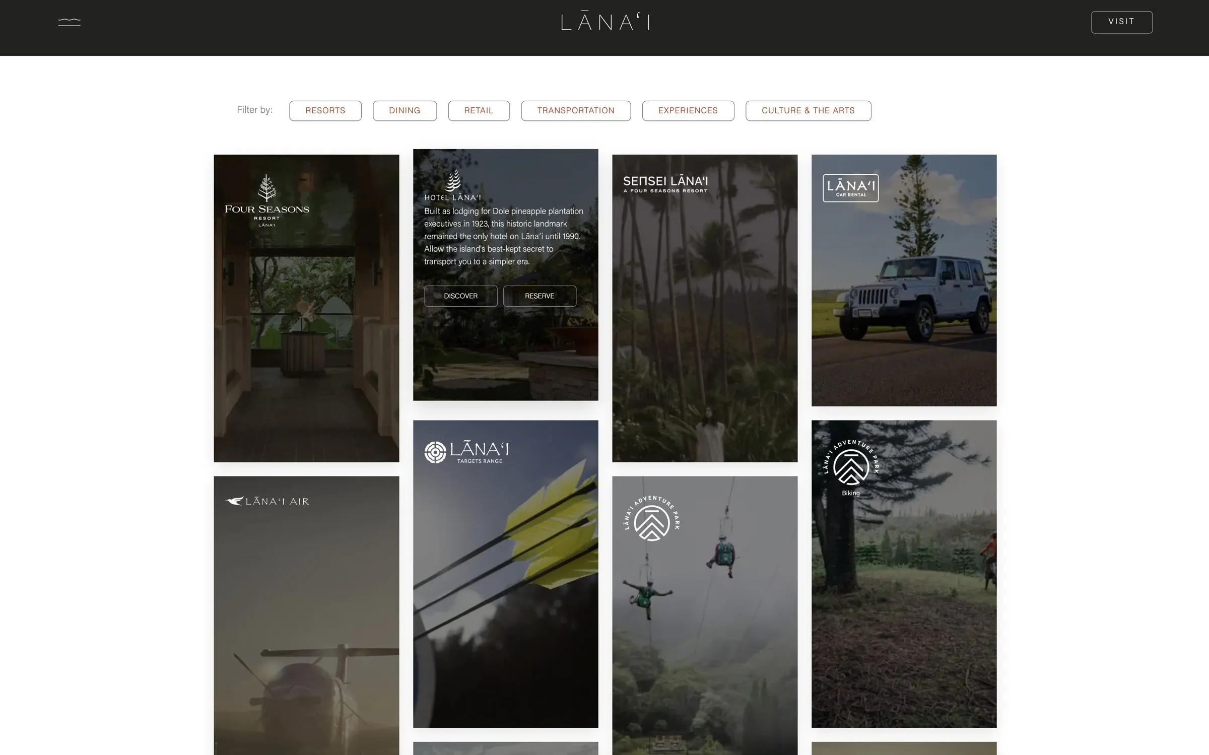 The Love Lānaʻi Visit page: category filters above a masonry gallery of cards for Four Seasons Resort Lānaʻi, Hotel Lānaʻi, Sensei Lānaʻi, Lānaʻi Car Rental, Lānaʻi Air, and island activities