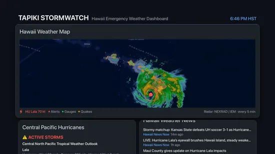 Tapiki StormWatch on Apple TV showing the Hawaii weather map with Hurricane Lala's radar and forecast cone