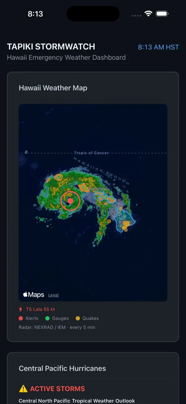 StormWatch on iPhone: the dashboard with the Hawaii weather map, a tropical storm, and radar