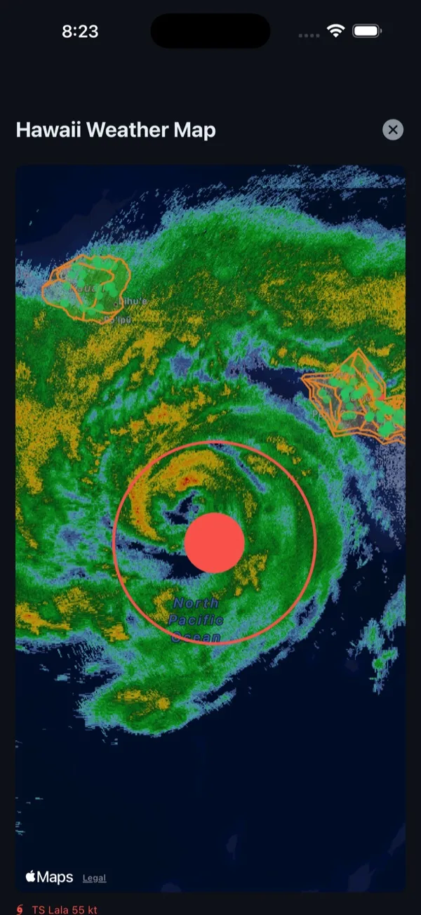 StormWatch on iPhone: the full-screen weather map, zoomed in on a tropical storm’s radar
