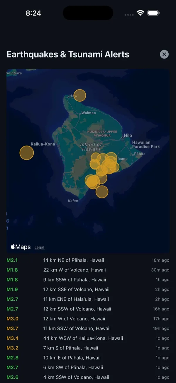 StormWatch on iPhone: the Earthquakes and Tsunami Alerts map of Hawaiʻi Island