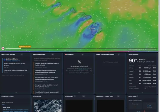 The StormWatch web dashboard at stormwatch.tapiki.ai with the live wind map and panels for hurricanes, news, alerts, and current conditions