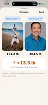 Wayvy's Compare screen: two dated photos side by side with the total weight change between them