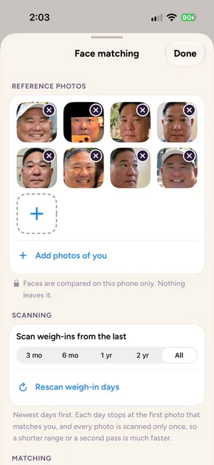 Wayvy's Face matching settings: a grid of eight reference photos, a scan-range control from 3 months to All, and a Rescan weigh-in days button