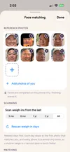 Wayvy's Face matching screen: a grid of reference photos, a scan-range control, and a Rescan weigh-in days button
